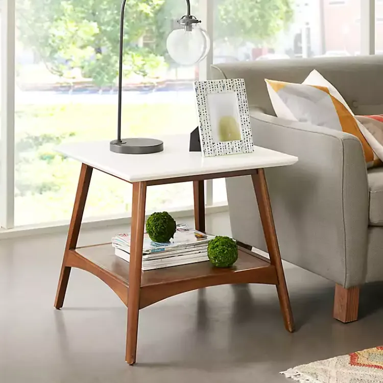Accent & End Tables-Kirklands Home White Top and Pecan Wood Mid-Century Modern Table Brown