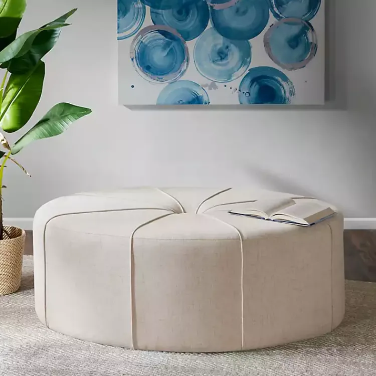 Benches & Ottomans-Kirklands Home Cream Thick Welting Center Button Oval Ottoman Ivory