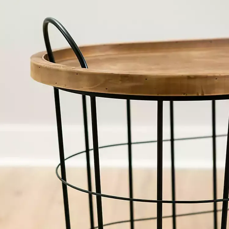 Accent & End Tables-Kirklands Home Wire and Natural Wood Basket Side Table Black