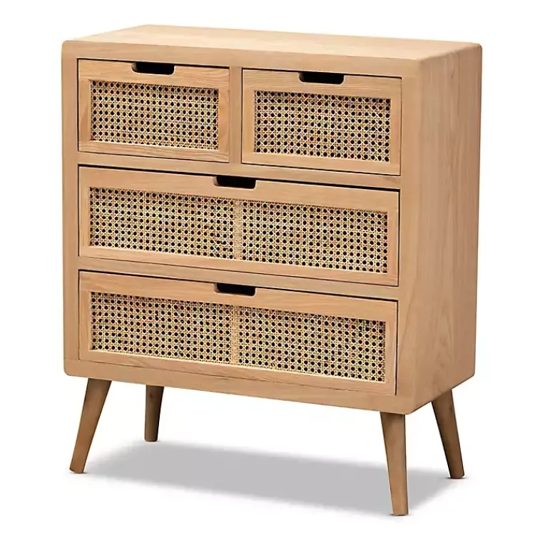 Dressers & Chests-Kirklands Home Oak and Rattan 4-Drawer Chest