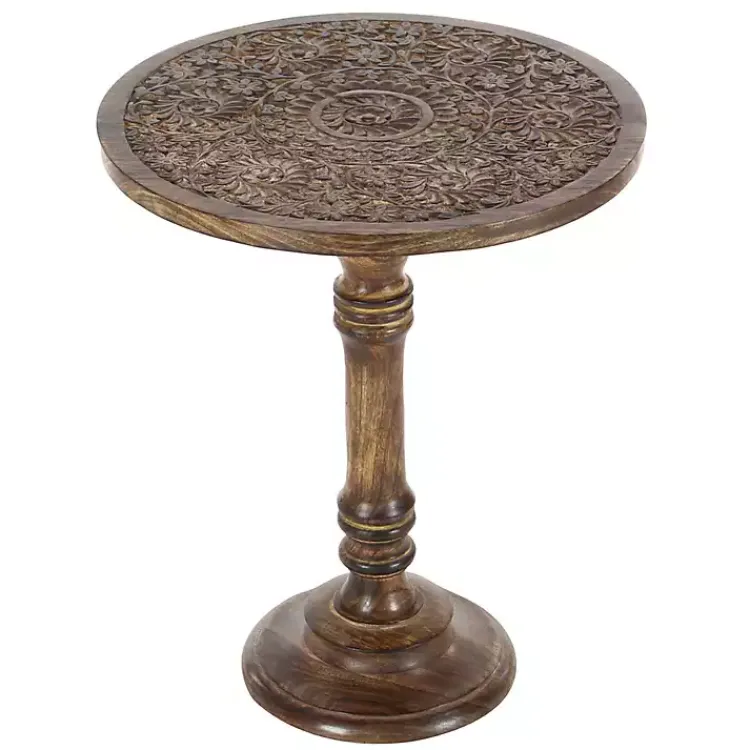 Accent & End Tables-Kirklands Home Carved Mandala Mango Wood Accent Table Brown