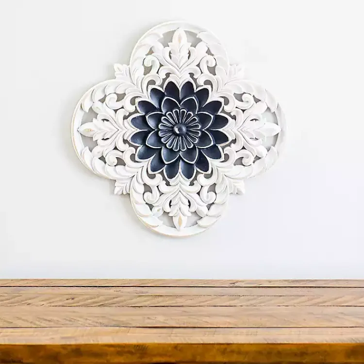 Wall Plaques-Kirklands Home Navy and White Medallion Carved Plaque Blue