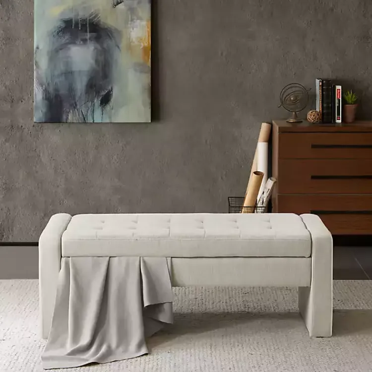 Benches & Ottomans-Kirklands Home Cream Button Tufted Upholstered Storage Bench Ivory