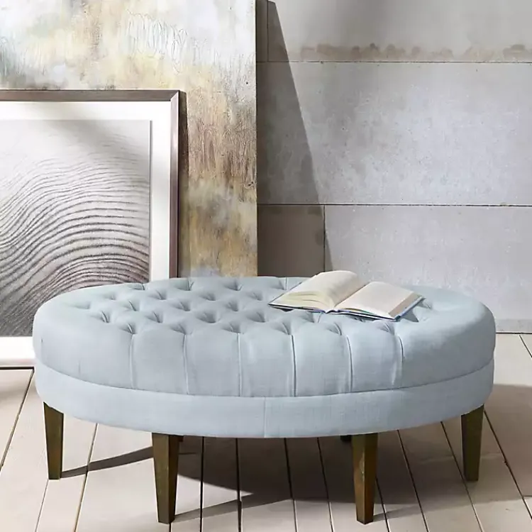 Benches & Ottomans-Kirklands Home Cory Tufted Dusty Linen Ottoman Blue