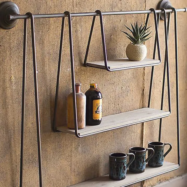 Shelves-Kirklands Home Wood and Metal Three-Tier Side Modern Wall Shelf
