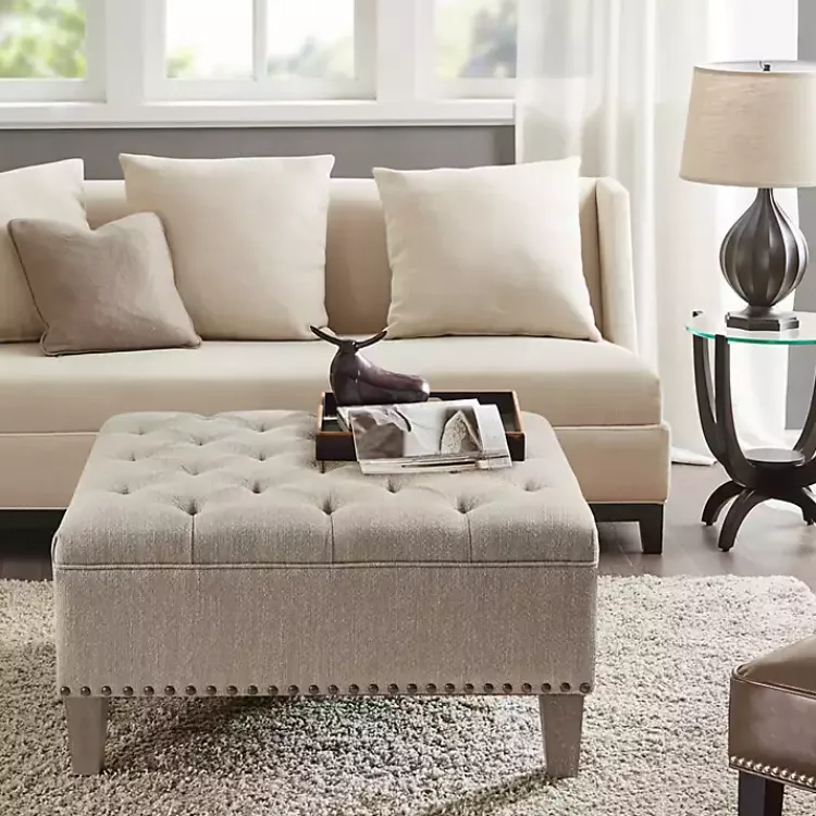 Benches & Ottomans-Kirklands Home Oatmeal Tufted Square Ottoman Tan