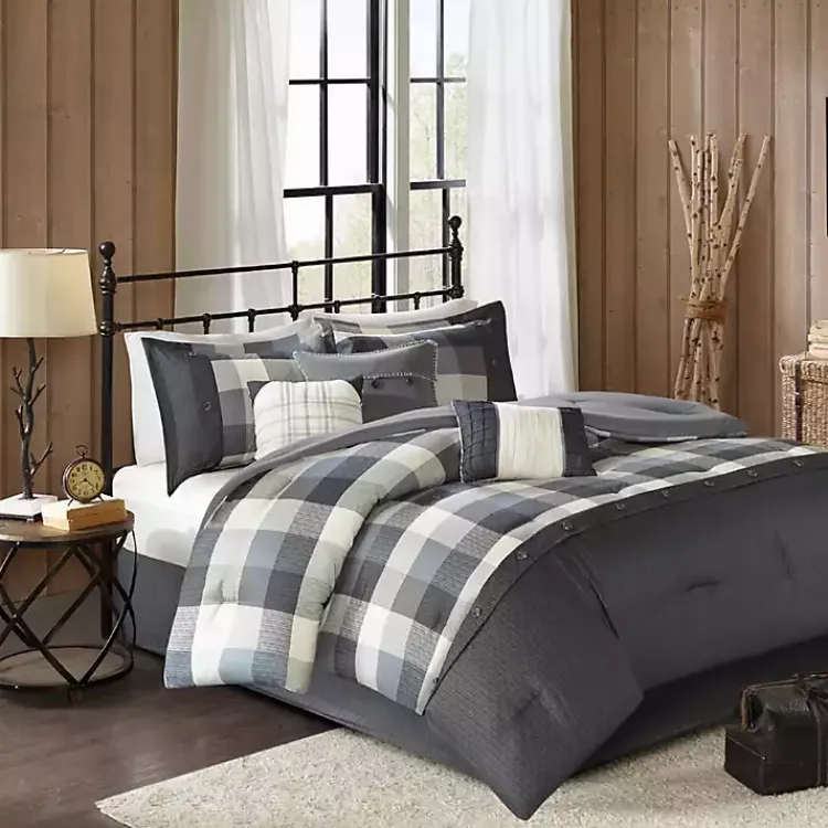Comforters-Kirklands Home Gray Check California King 7-pc. Comforter Set