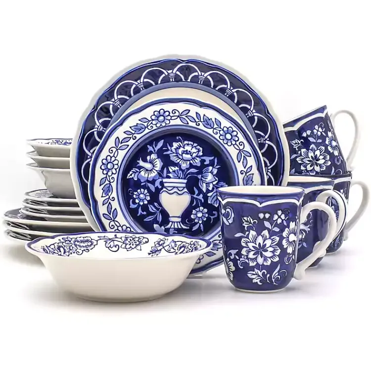 Dinnerware-Kirklands Home Blue Floral Hand Painted 16-pc. Dinnerware Set