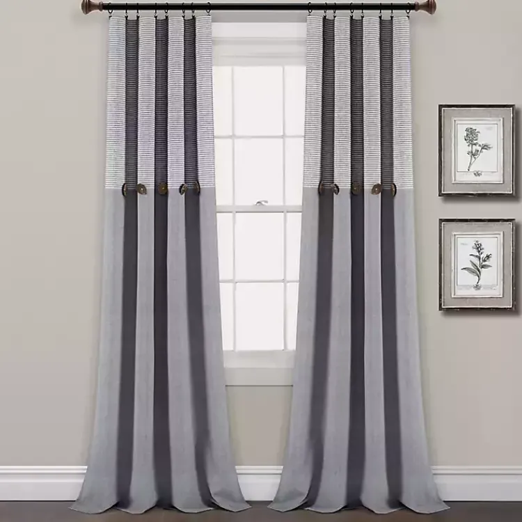 Curtains & Drapes-Kirklands Home Gray Button and Stripe Curtain Panel Set, 95 in.