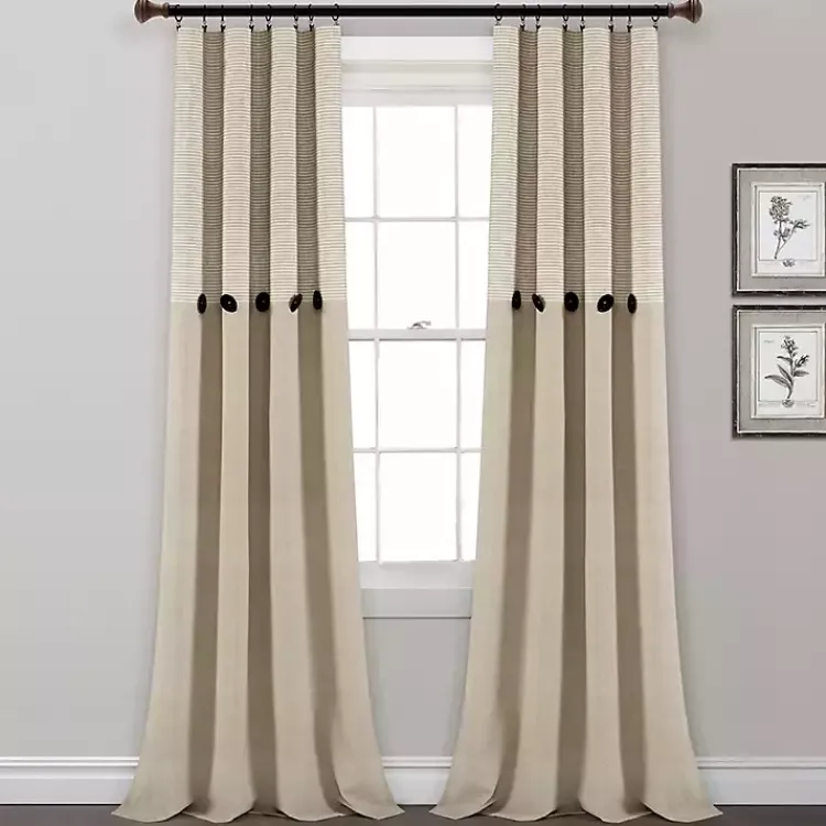 Curtains & Drapes-Kirklands Home Linen Button and Stripe Curtain Panel Set, 84 in.