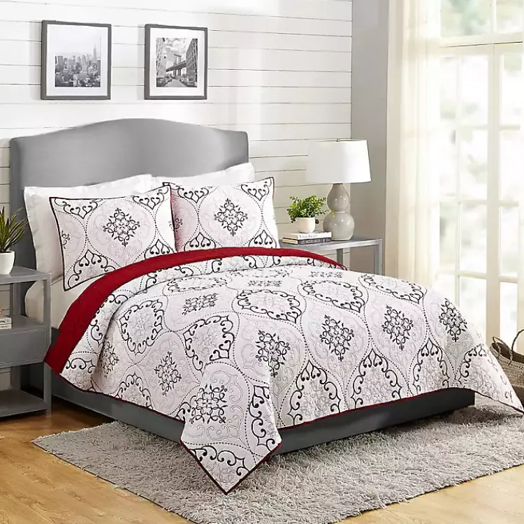 Quilts-Kirklands Home White and Red Pattern 3-pc. King Quilt Set