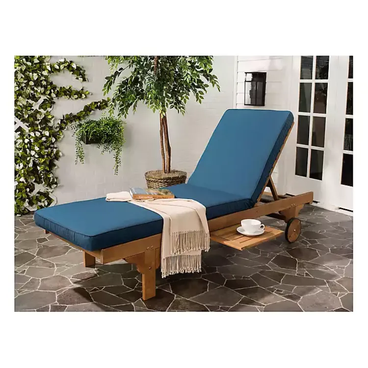 Outdoor Seating-Kirklands Home Natural Wooden Chaise with Table and Navy Cushion Blue
