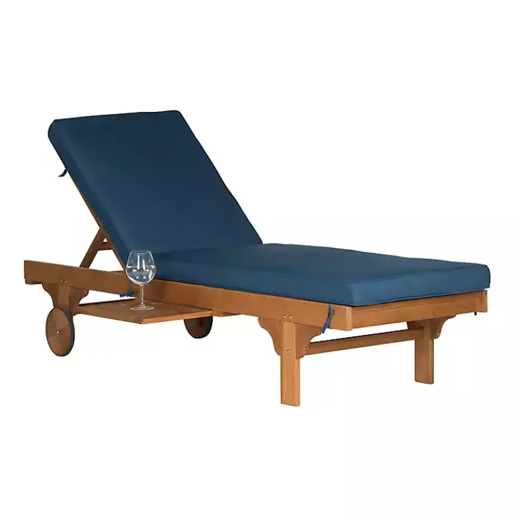Outdoor Seating-Kirklands Home Natural Wooden Chaise with Table and Navy Cushion Blue