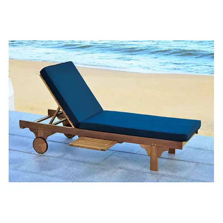 Outdoor Seating-Kirklands Home Natural Wooden Chaise with Table and Navy Cushion Blue