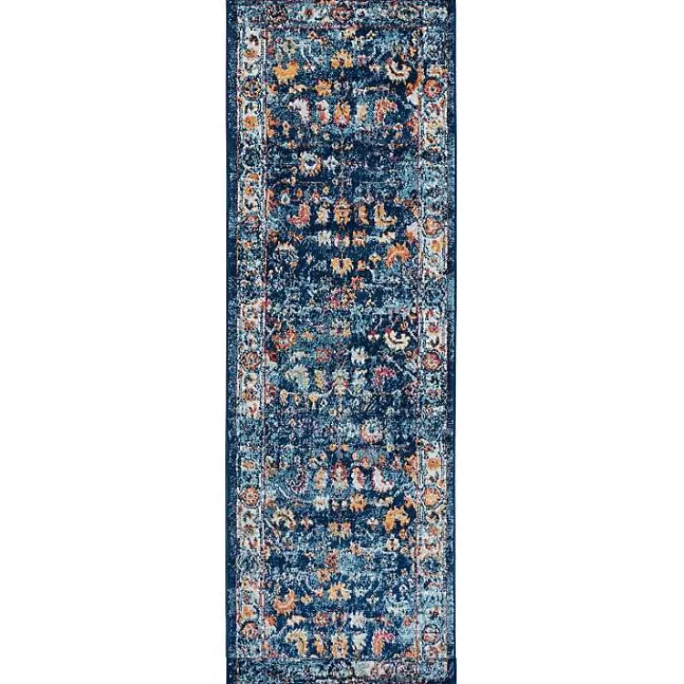 Area Rugs-Kirklands Home Navy and Orange Bordered Runner, 2x6 Blue