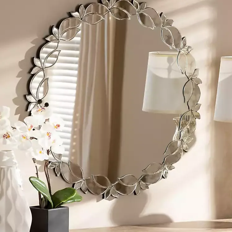 Decorative Mirrors-Kirklands Home Silver Petal Leaf Round Wood Frame Wall Mirror