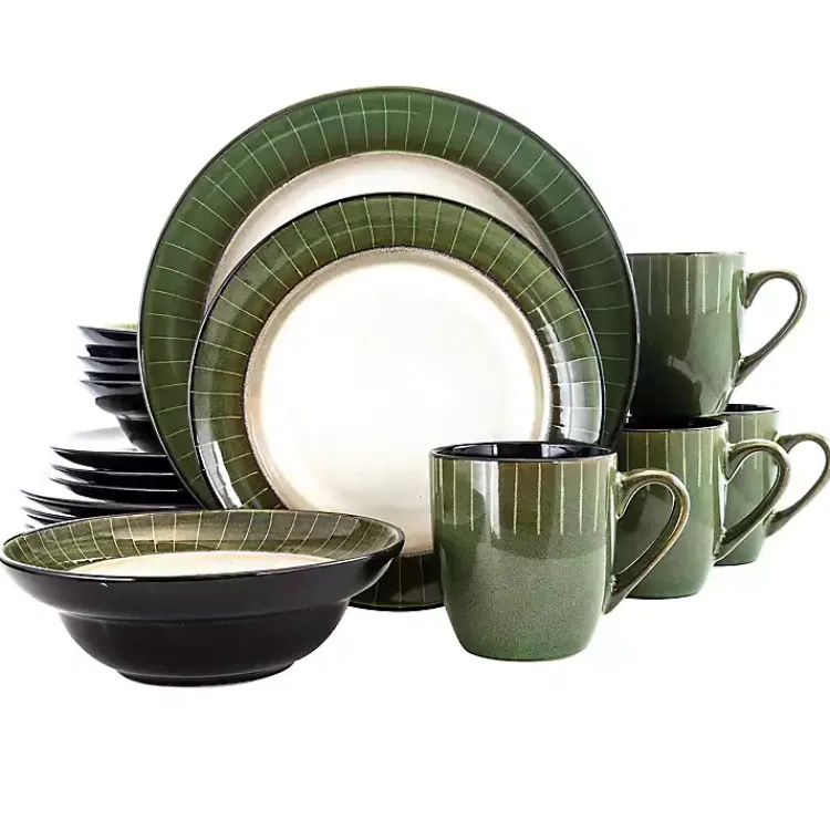 Dinnerware-Kirklands Home Striped Jade Trim 16-pc. Dinnerware Set