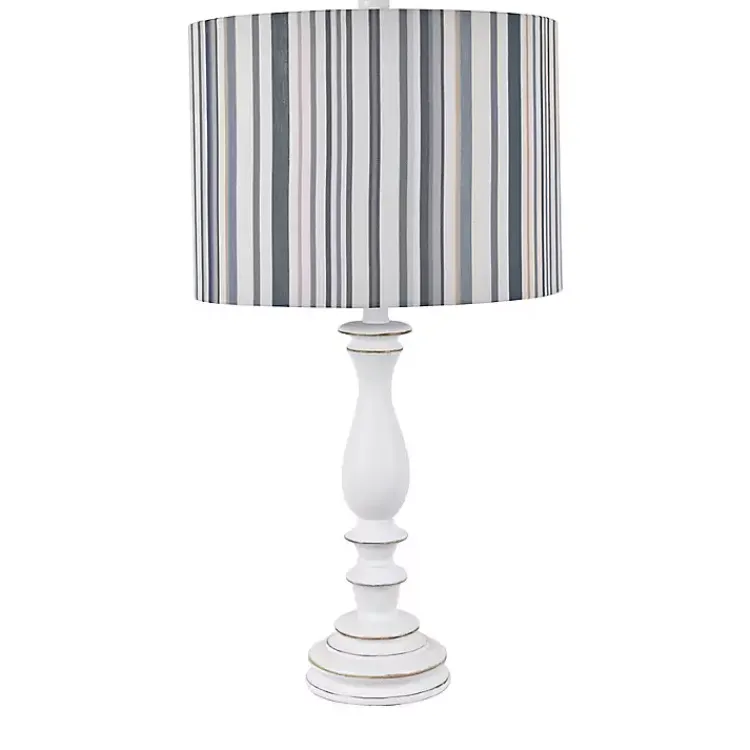 Table Lamps-Kirklands Home White Resin Table Lamp with Blue Stripe Shade