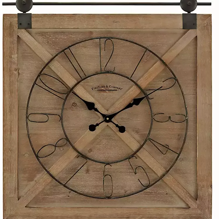 Clocks-Kirklands Home Square Wood Barn Door Wall Clock Brown