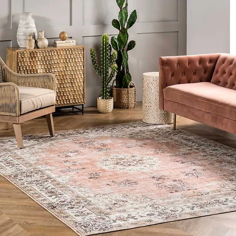 Area Rugs-Kirklands Home Orange Vintage Floral Washable Area Rug, 4x6