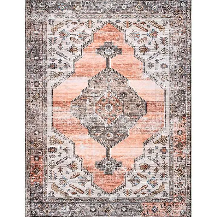 Area Rugs-Kirklands Home Orange Distressed Medallion Washable Area Rug, 4x6