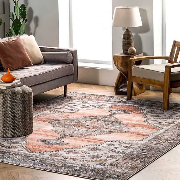 Area Rugs-Kirklands Home Orange Distressed Medallion Washable Area Rug, 4x6