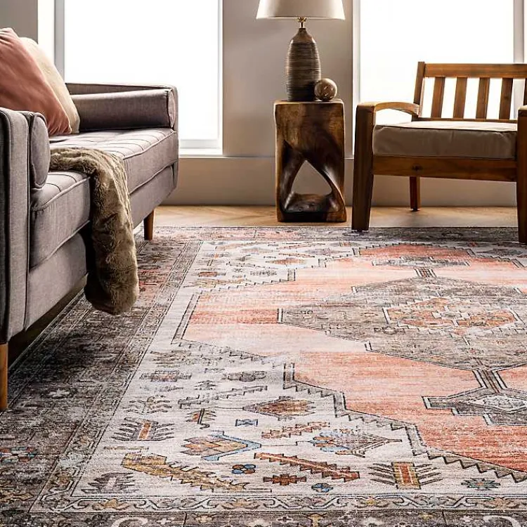 Area Rugs-Kirklands Home Orange Distressed Medallion Washable Area Rug, 4x6