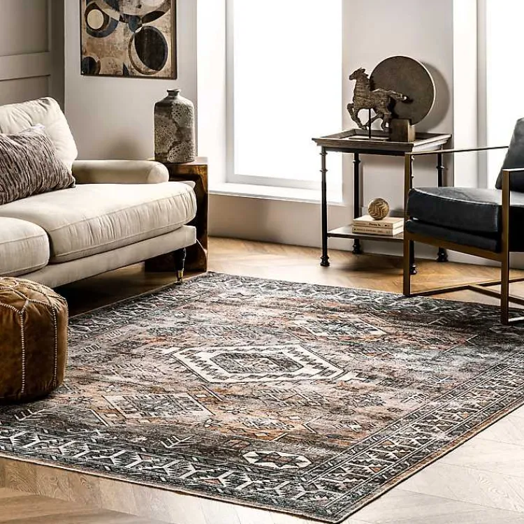 Area Rugs-Kirklands Home Orange Global Pattern Washable Area Rug, 4x6