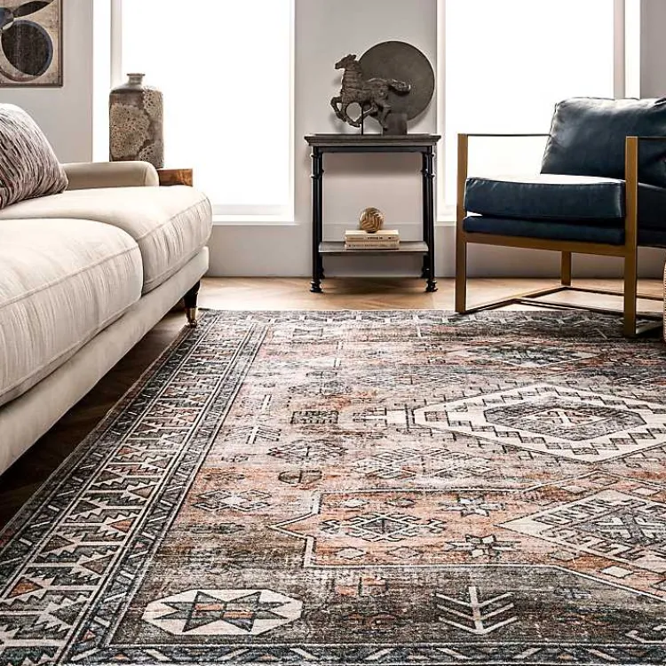 Area Rugs-Kirklands Home Orange Global Pattern Washable Area Rug, 5x8