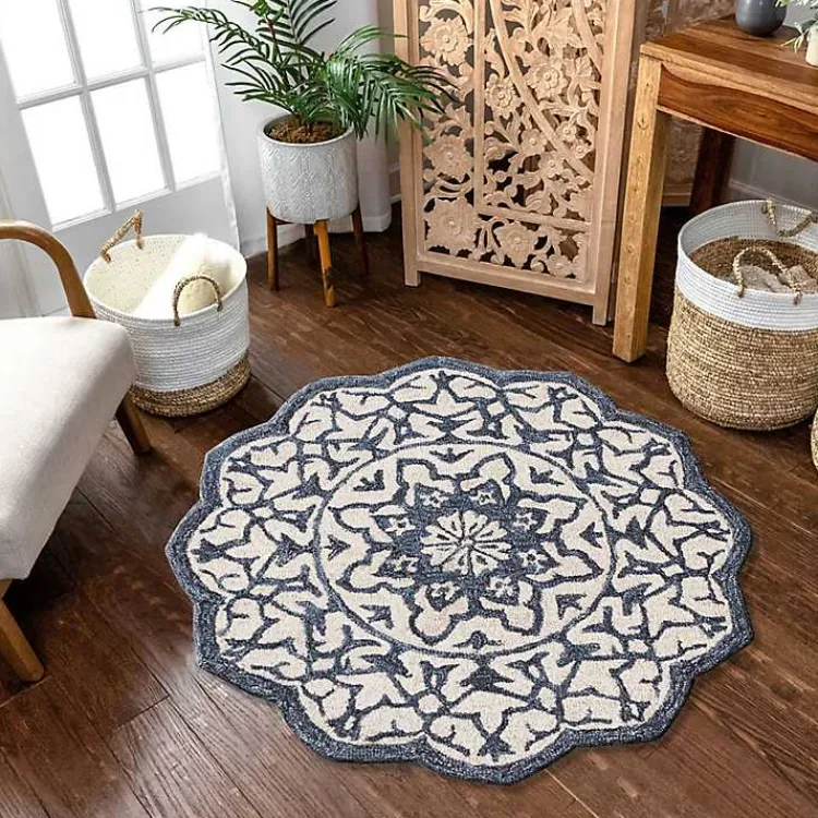 Area Rugs-Kirklands Home Blue Wool Mosaic Medallion Round Area Rug, 3 ft.