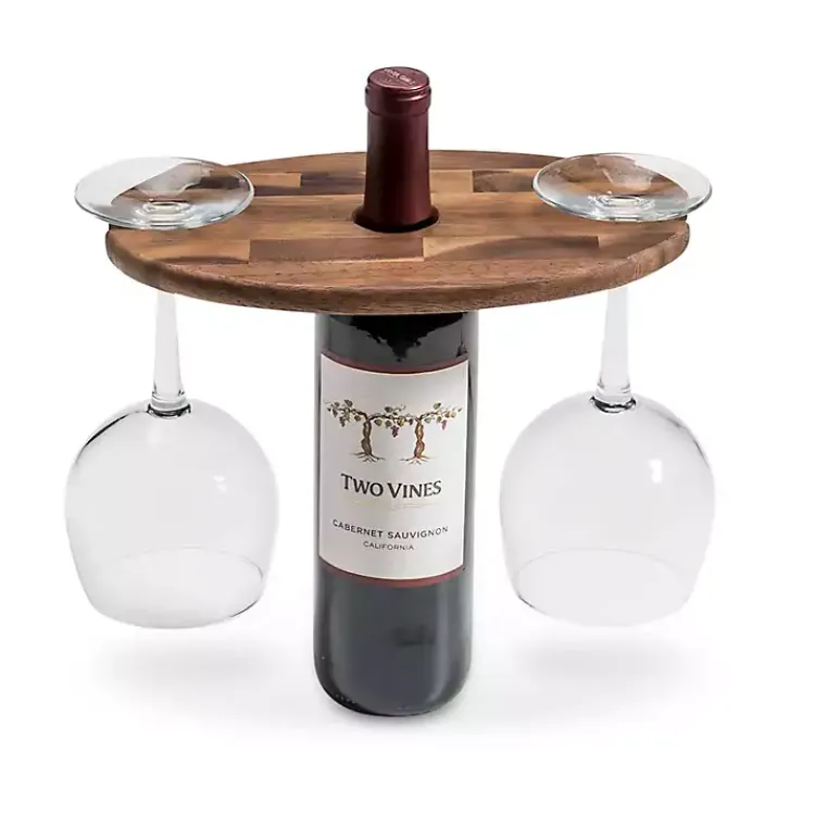 Barware-Kirklands Home Acacia Wood Wine Bottle and Glass Caddy Brown