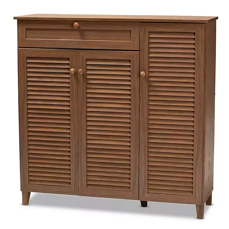 Entryway Furniture-Kirklands Home Walnut Wood 11-Shelf Paneled Shoe Cabinet Brown