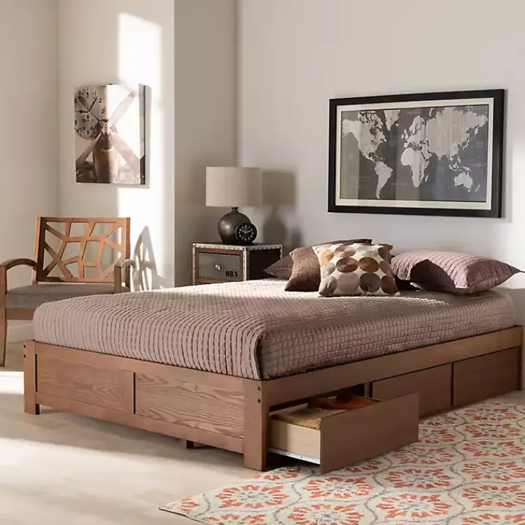 Beds & Headboards-Kirklands Home Walnut Wooden 3-Drawer Platform Bed Brown