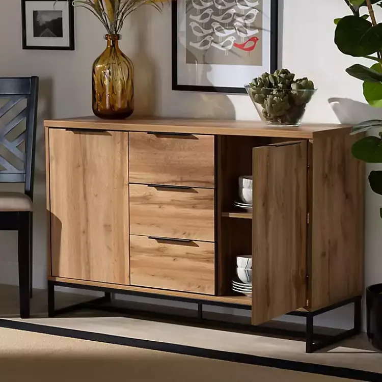 Cabinets & Sideboards-Kirklands Home Oak Wood and Metal Sideboard Buffet