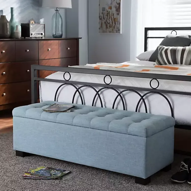 Benches & Ottomans-Kirklands Home Light Grid Tufted Upholstered Ottoman Blue