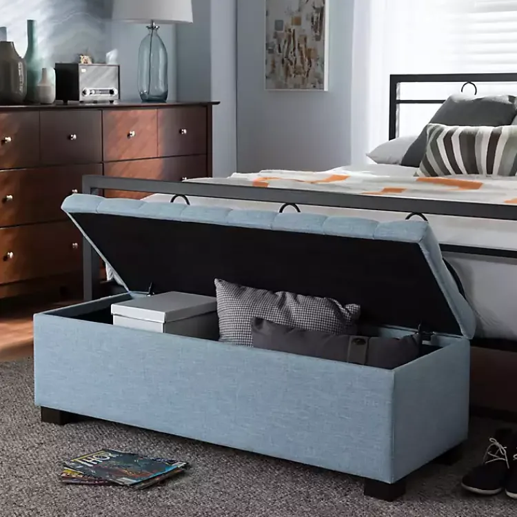 Benches & Ottomans-Kirklands Home Light Grid Tufted Upholstered Ottoman Blue