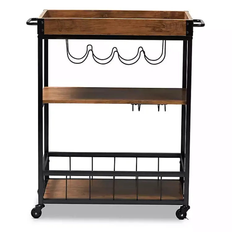 Kitchen Islands & Bar Carts-Kirklands Home Oak and Black Metal Bar Cart with Bottle Rack