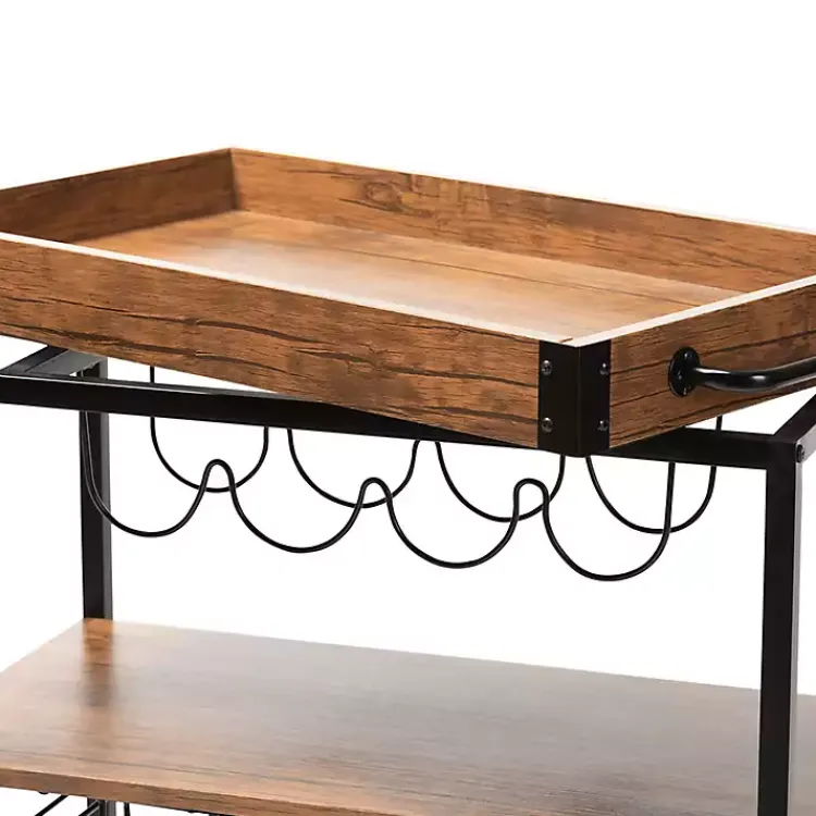 Kitchen Islands & Bar Carts-Kirklands Home Oak and Black Metal Bar Cart with Bottle Rack