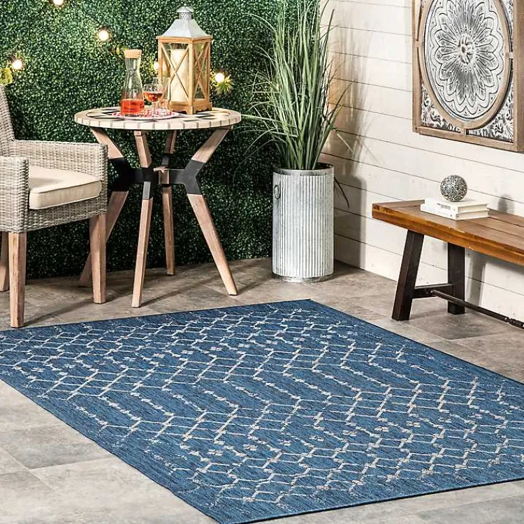 Outdoor Rugs-Kirklands Home Davon Blue Moroccan Trellis Outdoor Rug, 5x8