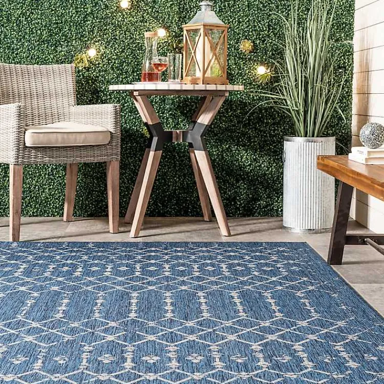 Outdoor Rugs-Kirklands Home Davon Blue Moroccan Trellis Outdoor Rug, 5x8