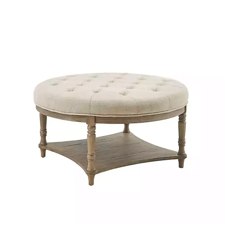 Benches & Ottomans-Kirklands Home Martha Stewart Round Cream Ottoman with Shelf Ivory