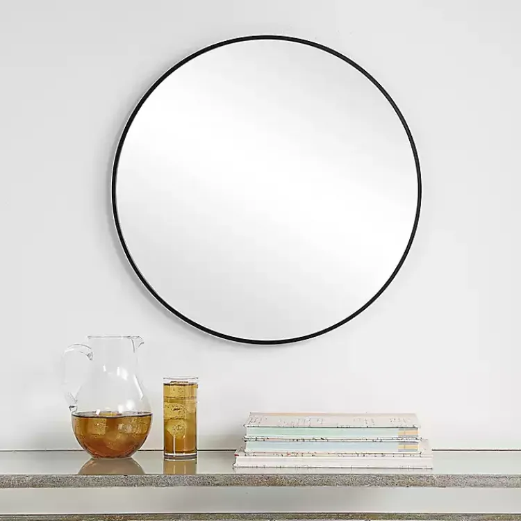 Framed Mirrors-Kirklands Home Round Simple Frame Medium Wall Mirror Black