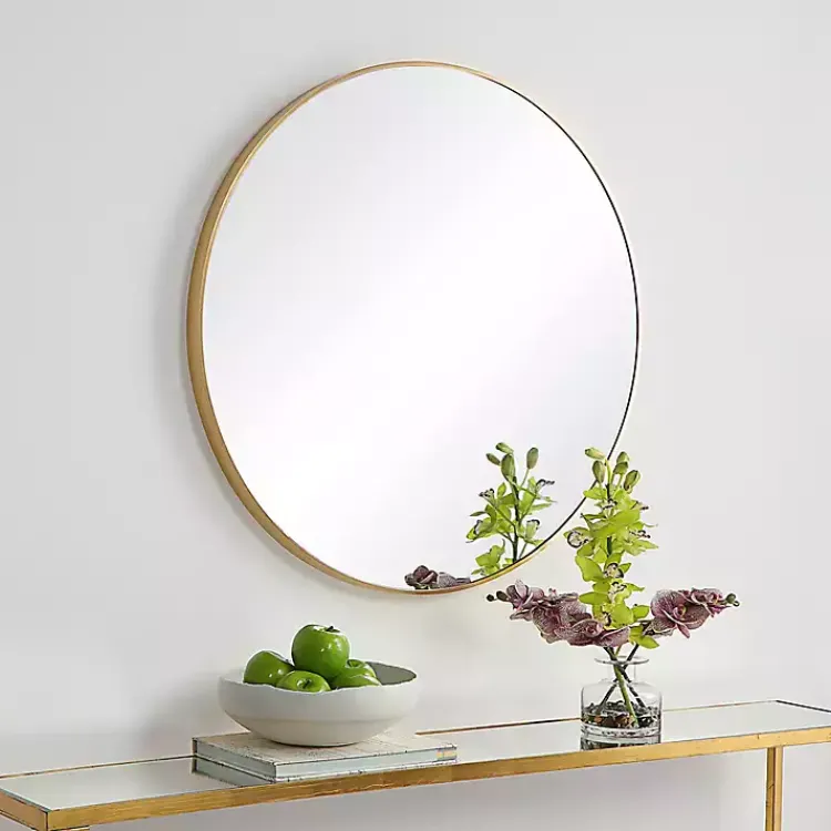 Framed Mirrors-Kirklands Home Round Simple Frame Medium Wall Mirror Gold