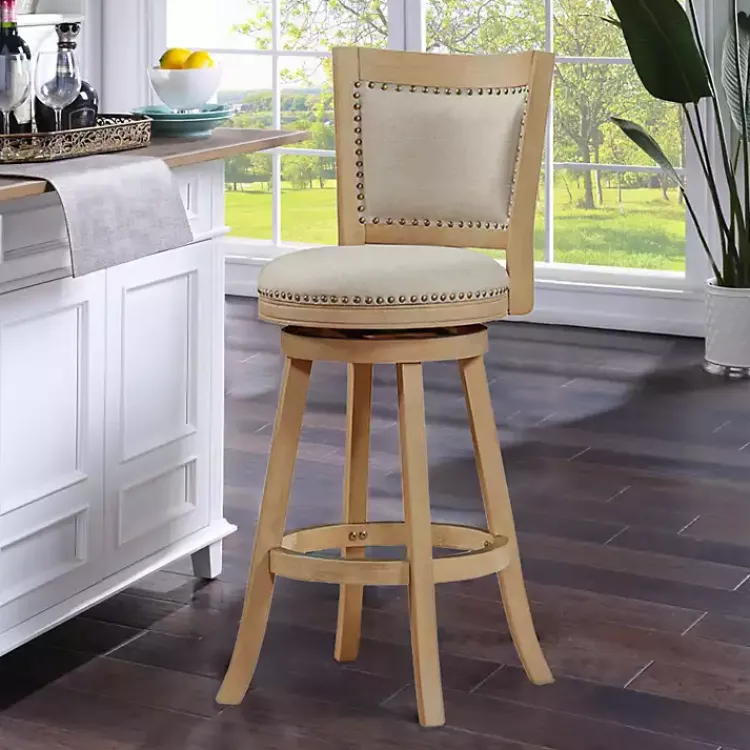 Bar Stools & Counter Height Stools-Kirklands Home Linen and Wood Nailhead Swivel Bar Stool Tan