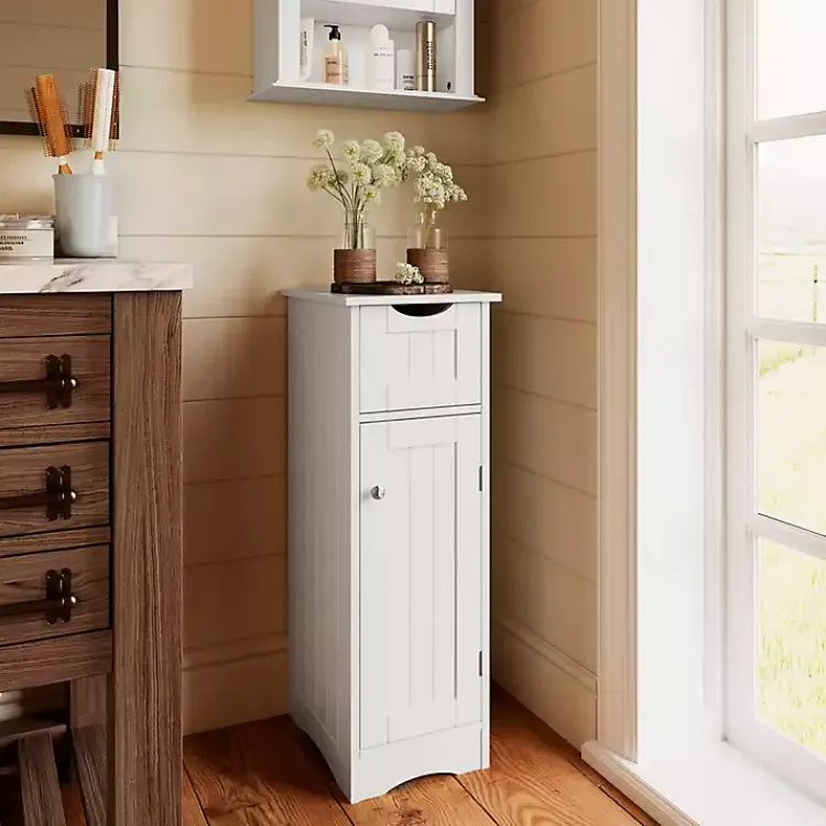 Bathroom Furniture-Kirklands Home Slim Single Door Cabinet with Drawer White