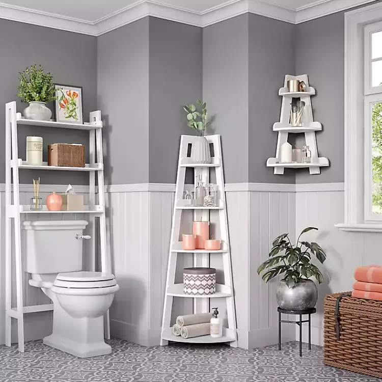Bathroom Furniture-Kirklands Home White 5-Tier Corner Ladder Shelves