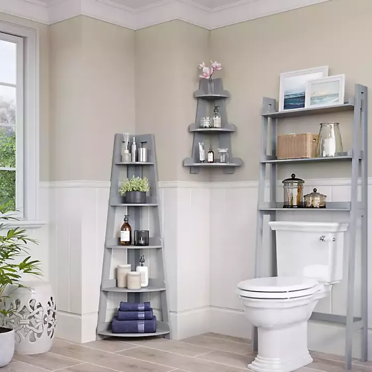 Bookshelves-Kirklands Home Gray 5-Tier Corner Ladder Bookshelf