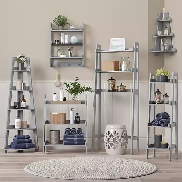 Bookshelves-Kirklands Home Gray 5-Tier Corner Ladder Bookshelf