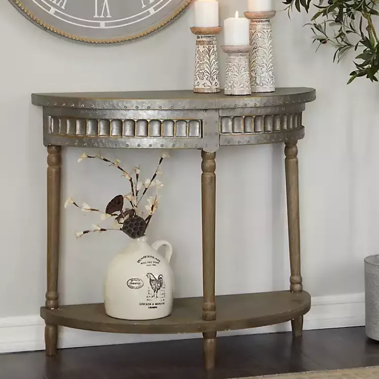 Console Tables-Kirklands Home Beige Wood and Metal Half Moon Console Table Tan