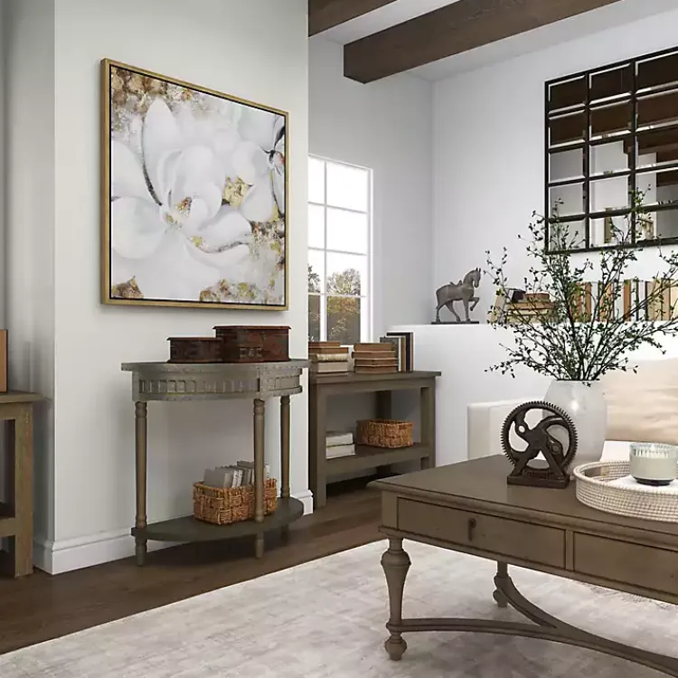 Console Tables-Kirklands Home Beige Wood and Metal Half Moon Console Table Tan